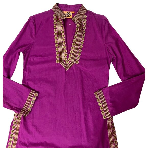 Tory Burch Women Top Tunic Blouse Size 6 Magenta Gold Embroidery Long Sleeves - Picture 14 of 16